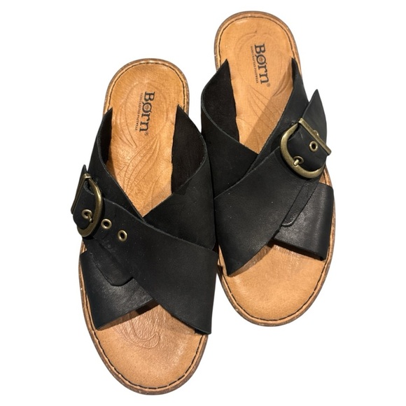 Born Wedge Shoes Black Leather Sandals Heels Slip On Open Toe Size 8 - Picture 1 of 7